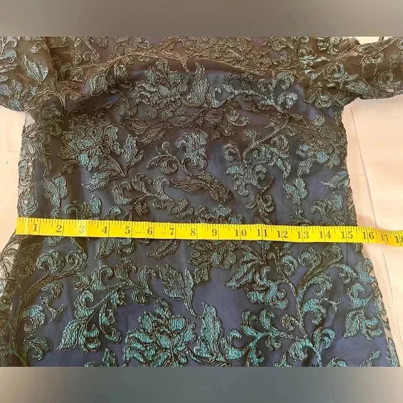 Theia Blue Party Dresss with Metallic Embroidered Black Net Overlay Bell Sleeve - Picture 13 of 13